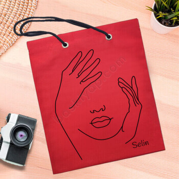 Kadın Yüzü Tasarımlı Kırmızı Bez Çanta online tasarla