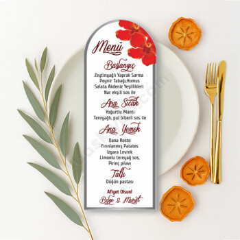 Kırmızı Çiçekli Gümüş Çerçeveli Oval Menü Kartı online tasarla
