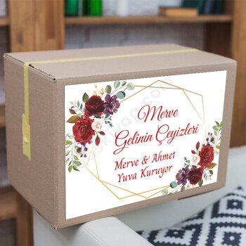 Kırmızı Güllü Çeyiz Etiketi online tasarla