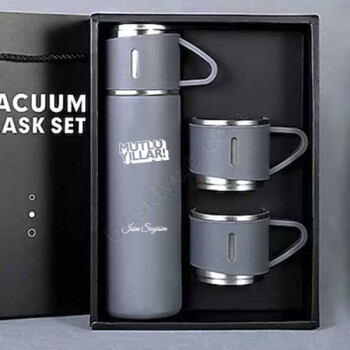 Kişiye Özel Yeni Yıl Hediyesi Gri Üçlü Çelik Termos Set online tasarla
