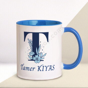 Mavi Çiçekli Harf Tasarım Mavi Kupa online tasarla