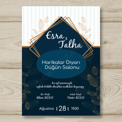 Mavi Zeminli Gelin Damat Temalı Davetiye Modeli online tasarla