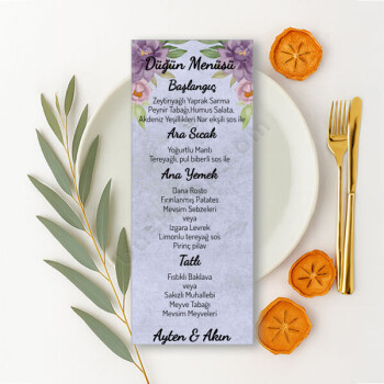 Mor- Pembe Çiçekli Kişiye Özel Dikdörtgen Düğün Menüsü online tasarla