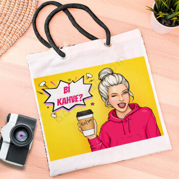 Bi Kahve Yazılı Pop Art Baskılı Özel Tasarım Bez Çanta online tasarla