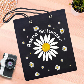 Papatya Tasarımlı Siyah Bez Çanta online tasarla