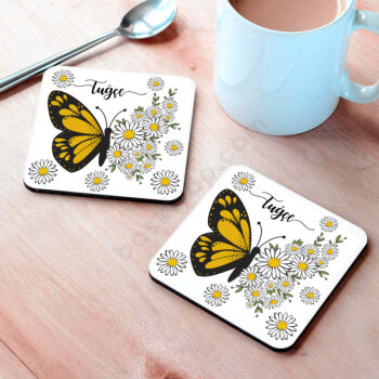 Papatya Kelebek Tasarımlı Bardak Altlığı online tasarla