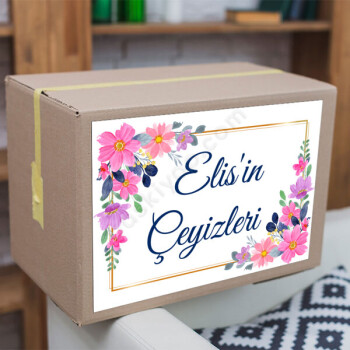 Pembe Çiçek Desenli Çeyiz Etiketi online tasarla