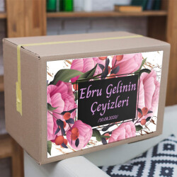 Pembe Çiçekli Çerçeveli Çeyiz Etiketi online tasarla
