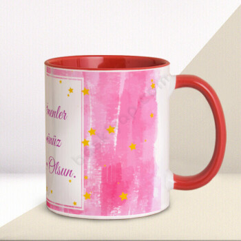 Pembe Fonlu Öğretmenler Günü Tasarımlı Kırmızı Kupa online tasarla