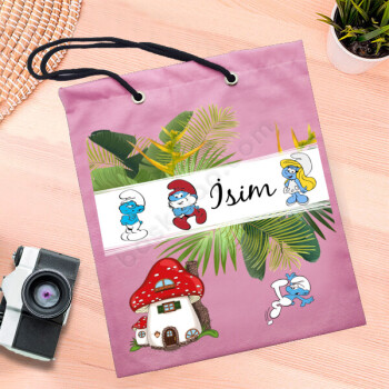 Şirinler Tasarımlı Pembe Bez Çanta online tasarla