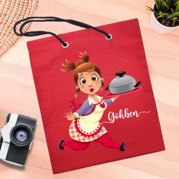 Yemek Yapan Anne Tasarımlı Kırmızı Bez Çanta online tasarla