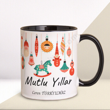 Yılbaşı Tasarımlı Siyah Kupa Bardak online tasarla