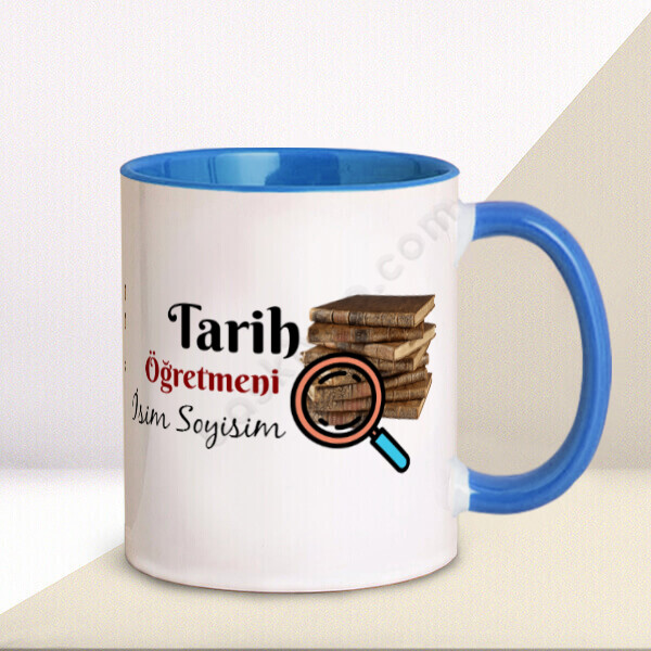 Tarih Öğretmeni Baskılı Kupa Bardak – Kişiye Özel Baskılı Mavi Kupa tasarımı