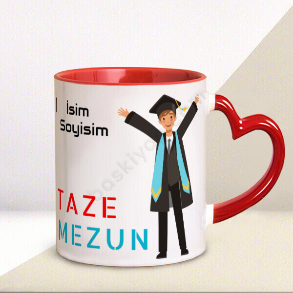 Taze Mezun Erkek Tasarımlı Kalp Kulplu Kupa – Kişiye Özel Baskılı Kalp Kulplu Kupa Bardak tasarımı