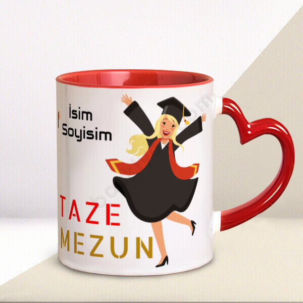 Taze Mezun Tasarımlı Kalp Kulplu Kupa – Kişiye Özel Baskılı Kalp Kulplu Kupa Bardak tasarımı