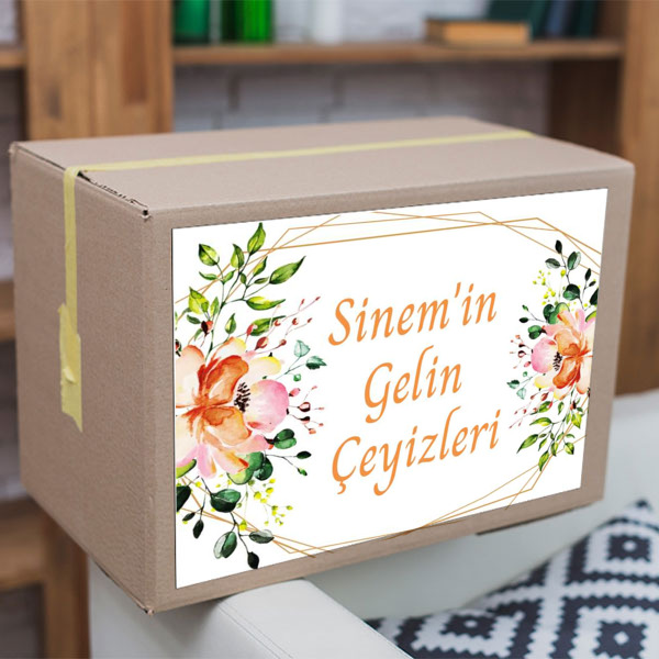 Turuncu Çiçekli Şık Çerçeveli Çeyiz Etiketi online tasarla