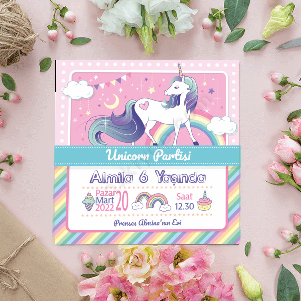 Unicorn Tasarımlı 15X15 Davetiye online tasarla