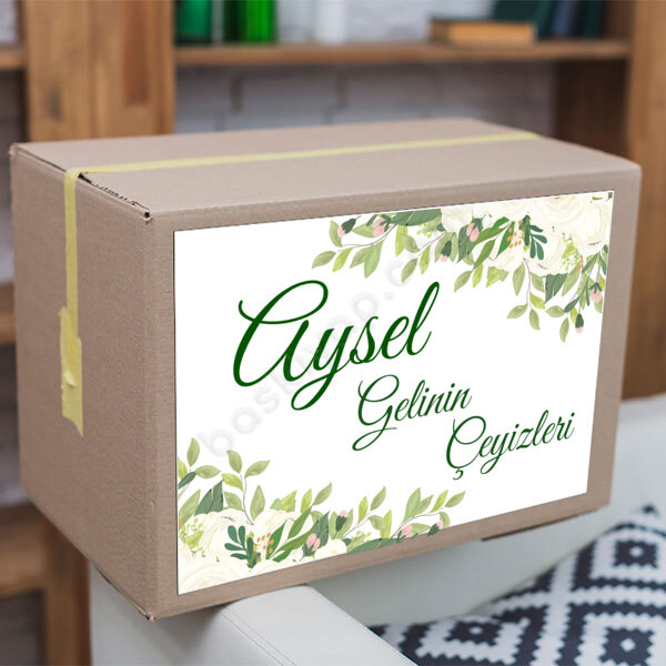 Yeşil Dallar Beyaz Çiçekler Çeyiz Etiketi online tasarla