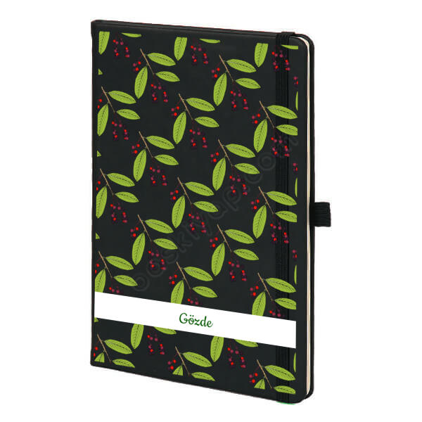 Yeşil Dallı Siyah Ajanda – Tarihsiz Siyah Ajanda / Defter tasarımı