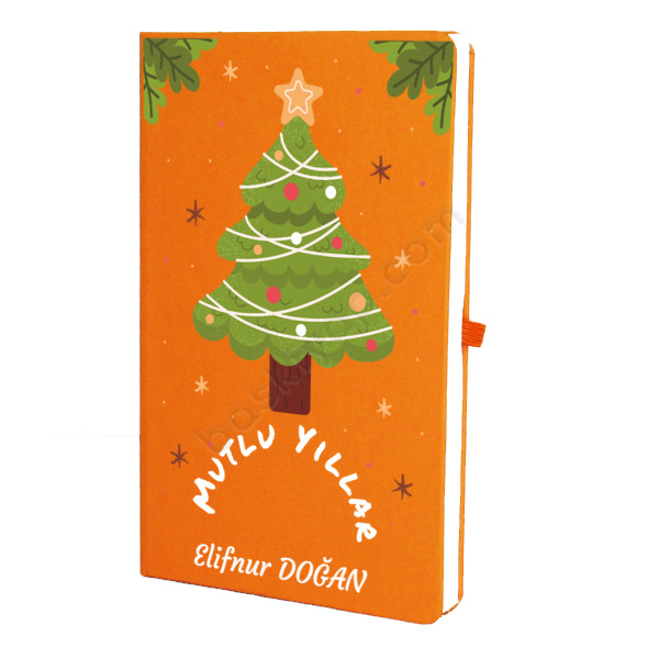 Yılbaşı Ağacı Tasarımlı Turuncu Ajanda Defter – Tarihsiz Çizgili Turuncu Ajanda/Defter 13X21Cm tasarımı