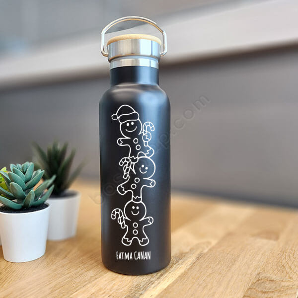 Yılbaşı Kişiye Özel Bambu Kapak Siyah Matara Termos online tasarla