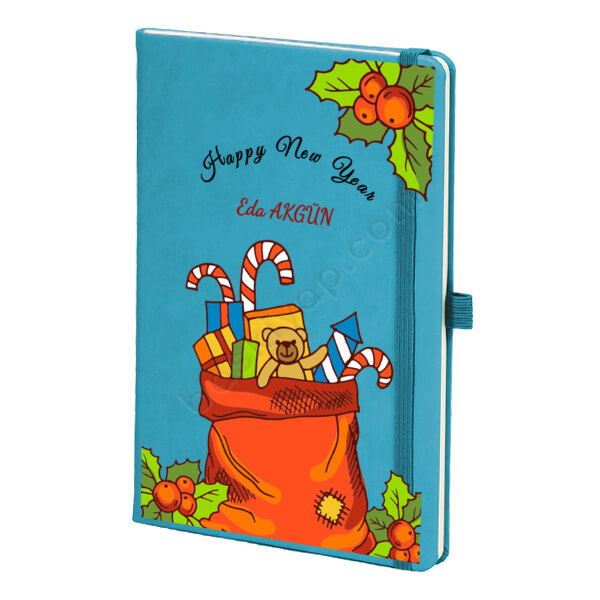 Yılbaşı Tasarımlı Kişiye Özel Mavi Ajanda – Tarihsiz Çizgili Turkuaz Ajanda/Defter 13X21Cm tasarımı
