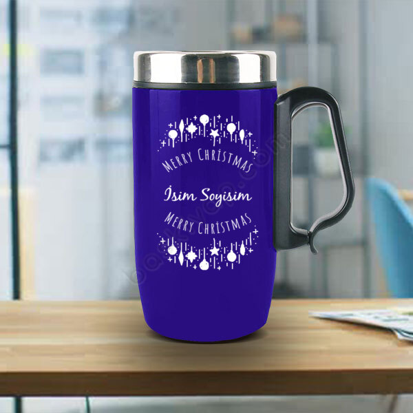 Yılbaşı Tasarımlı Kişiye Özel Mavi Termos online tasarla