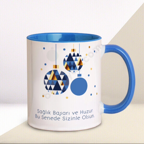 Yılbaşı Temalı Mavi Kupa – Kişiye Özel Baskılı Mavi Kupa tasarımı