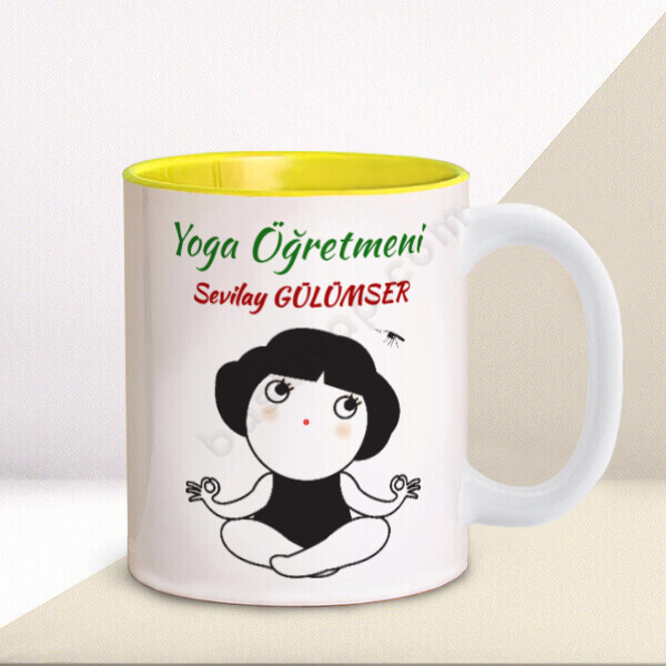Yoga Öğretmeni Tasarımlı Sarı Kupa – Kişiye Özel Baskılı İçi Sarı Kupa tasarımı