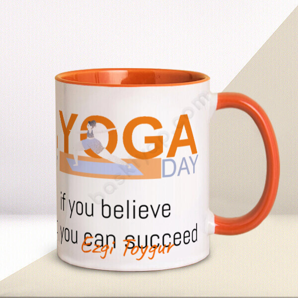 Yoga Yapan Kadın Temalı Kupa – Kişiye Özel Baskılı Turuncu Kupa Bardak tasarımı